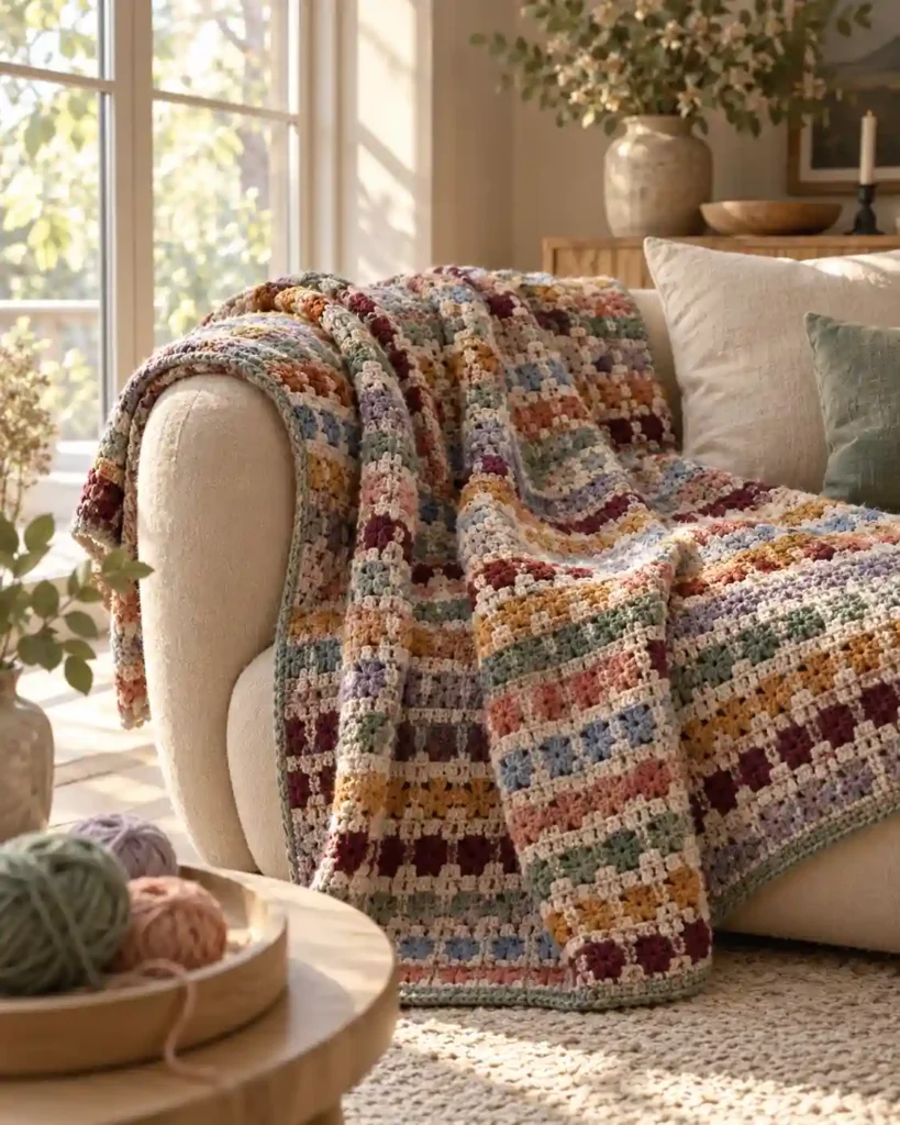 Bespoke Bliss scrap afghan showing colorful crochet block stitch rows on a beige curved sofa.