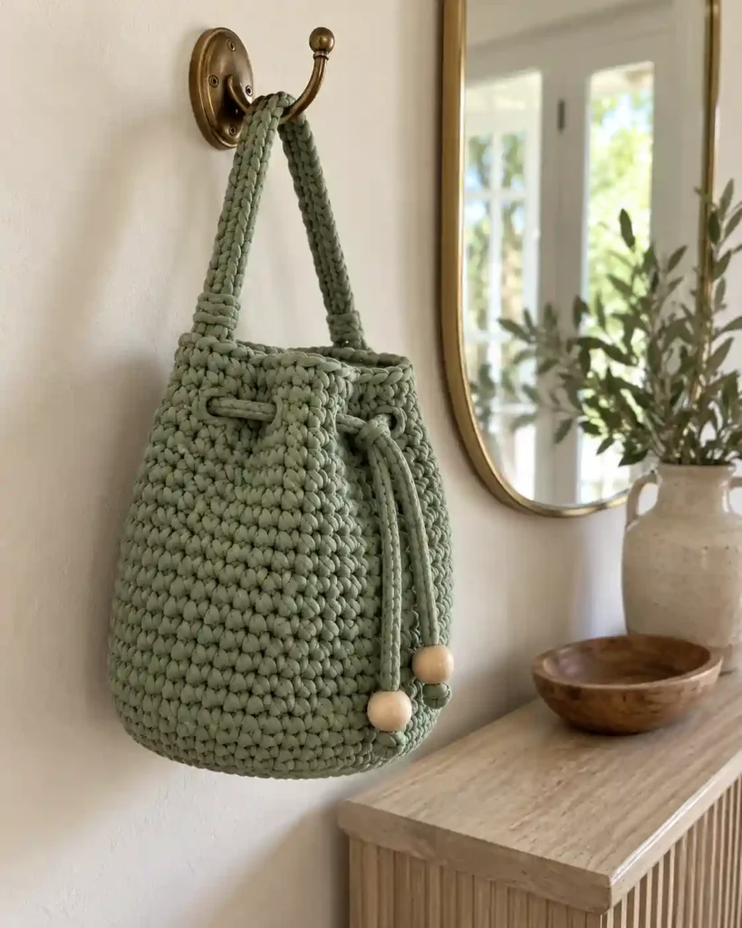 Ivory T-shirt yarn crochet tote with sturdy handles and dense stitches, photographed on a sunlit oak bench.