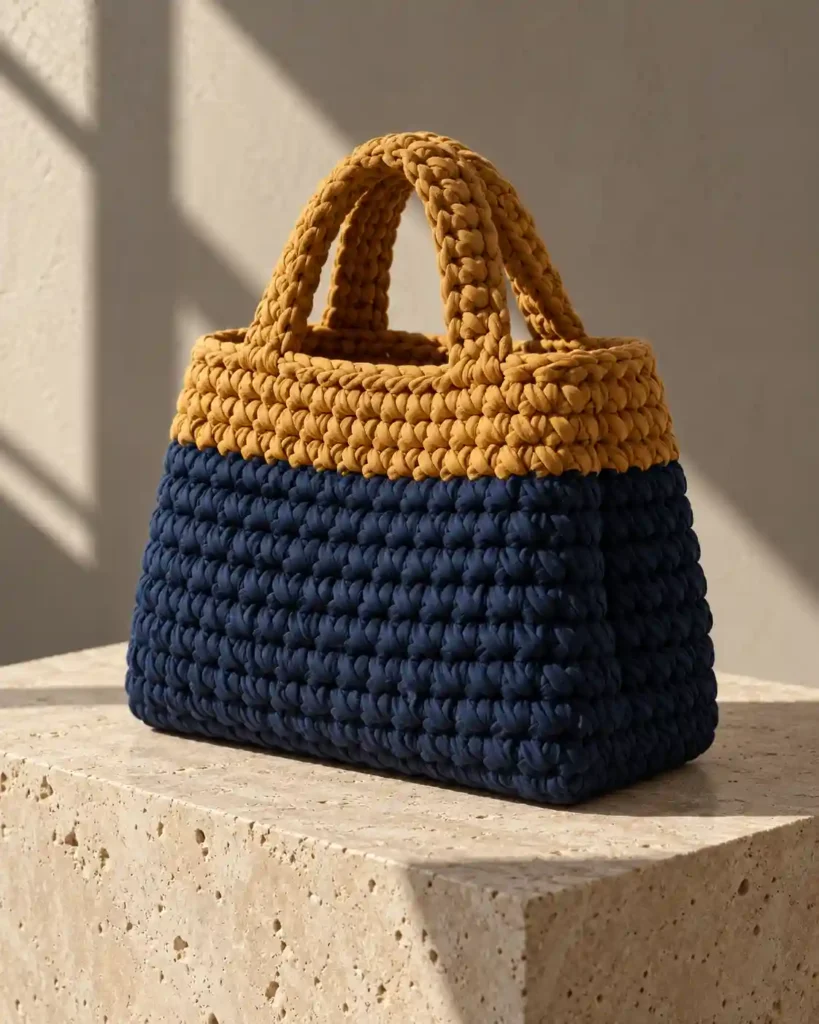 Navy and ochre colorblock T-shirt yarn crochet handbag with short handles on a minimalist stone pedestal.