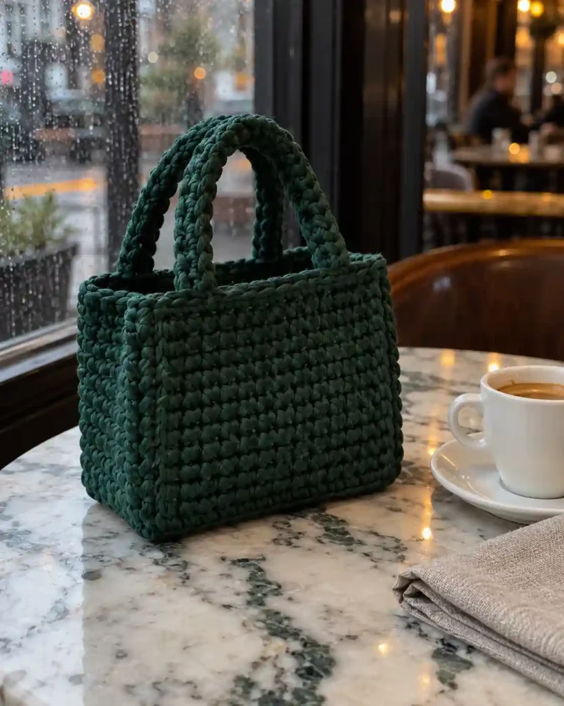 Small forest-green boxy T-shirt yarn crochet handbag with short handles beside a café espresso cup.