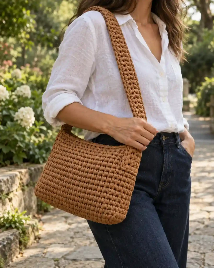 Caramel T-shirt yarn crochet shoulder bag with a wide strap worn with a white linen shirt and jeans.