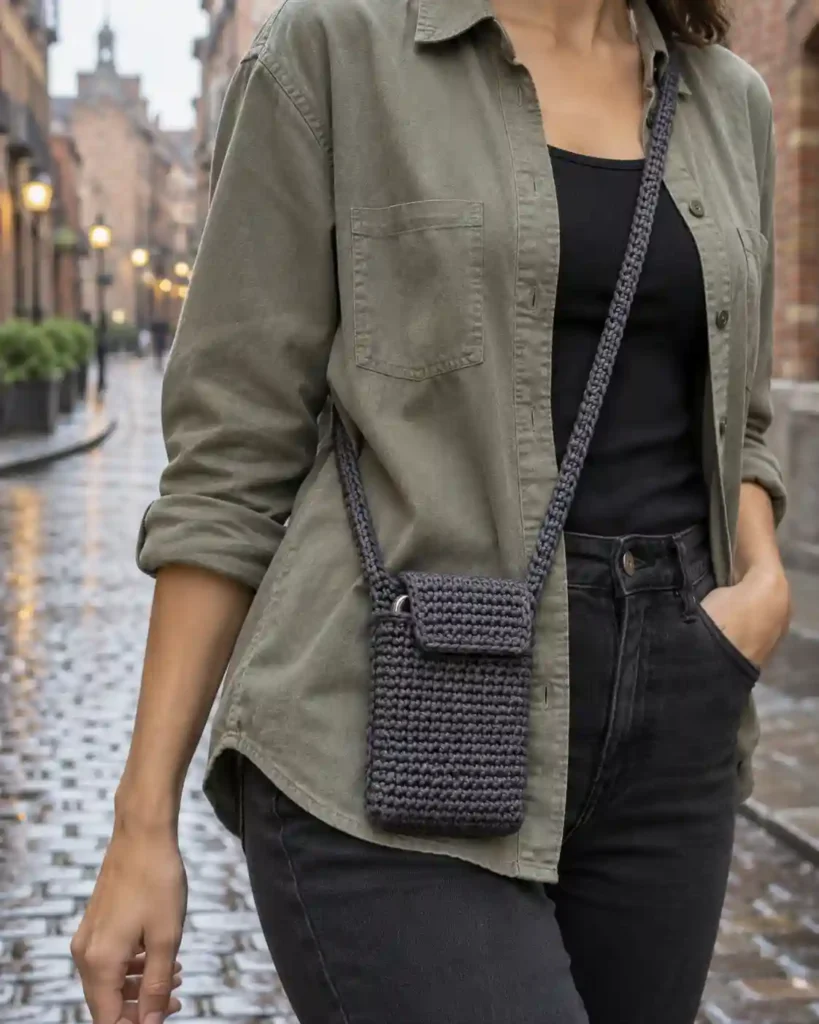 Slim charcoal T-shirt yarn crochet crossbody phone bag worn across a sage overshirt on a city street.