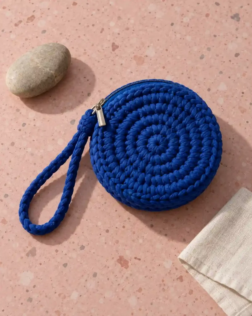 Round cobalt-blue T-shirt yarn crochet wristlet with concentric stitches and a short loop on pink terrazzo.