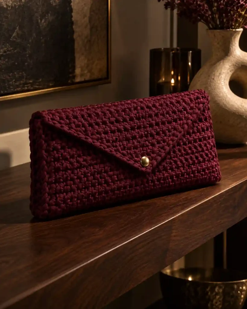 Burgundy T-shirt yarn crochet envelope clutch with a folded flap and gold snap on dark walnut.