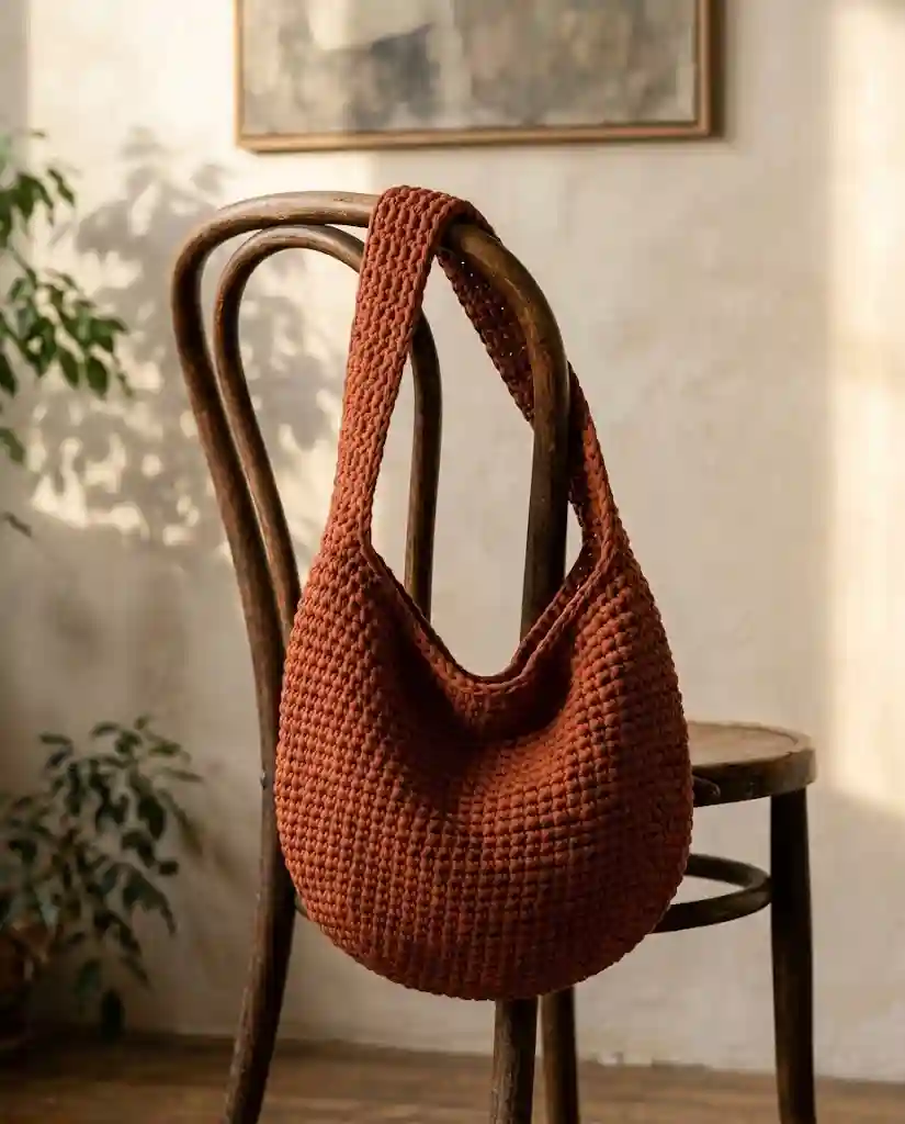 Burnt-sienna slouchy hobo bag crocheted with T-shirt yarn hanging from a vintage bentwood chair.