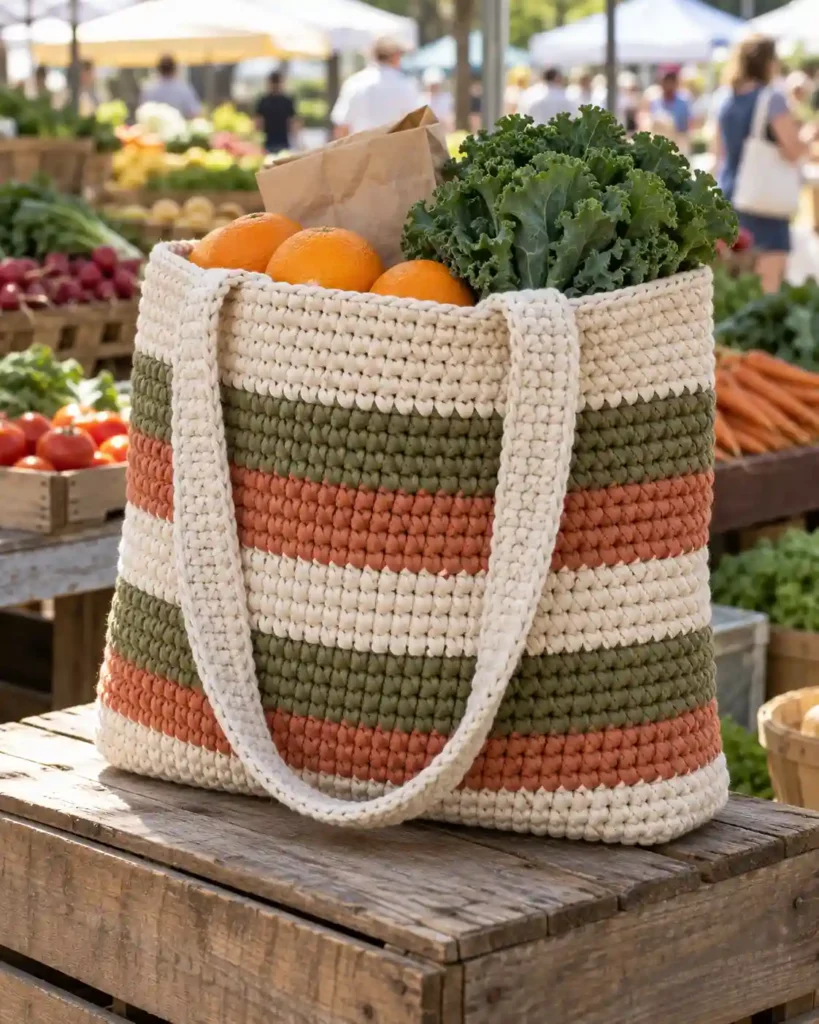 Cream striped T-shirt yarn crochet market tote with olive and terracotta bands holding fresh produce.