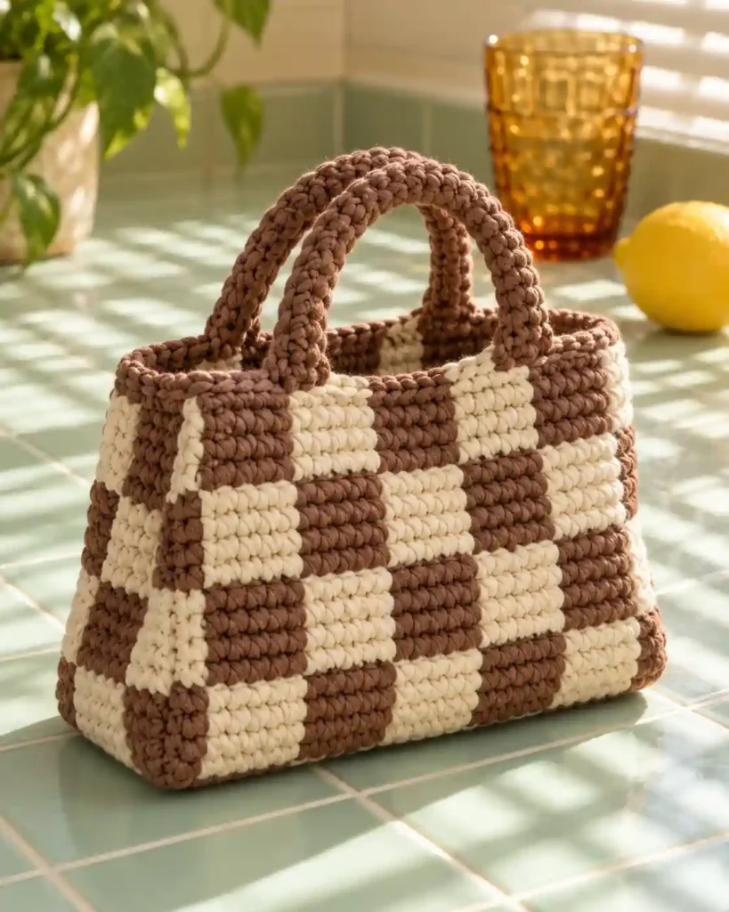 Cream and mocha checkerboard T-shirt yarn crochet mini purse with short handles on mint tile.