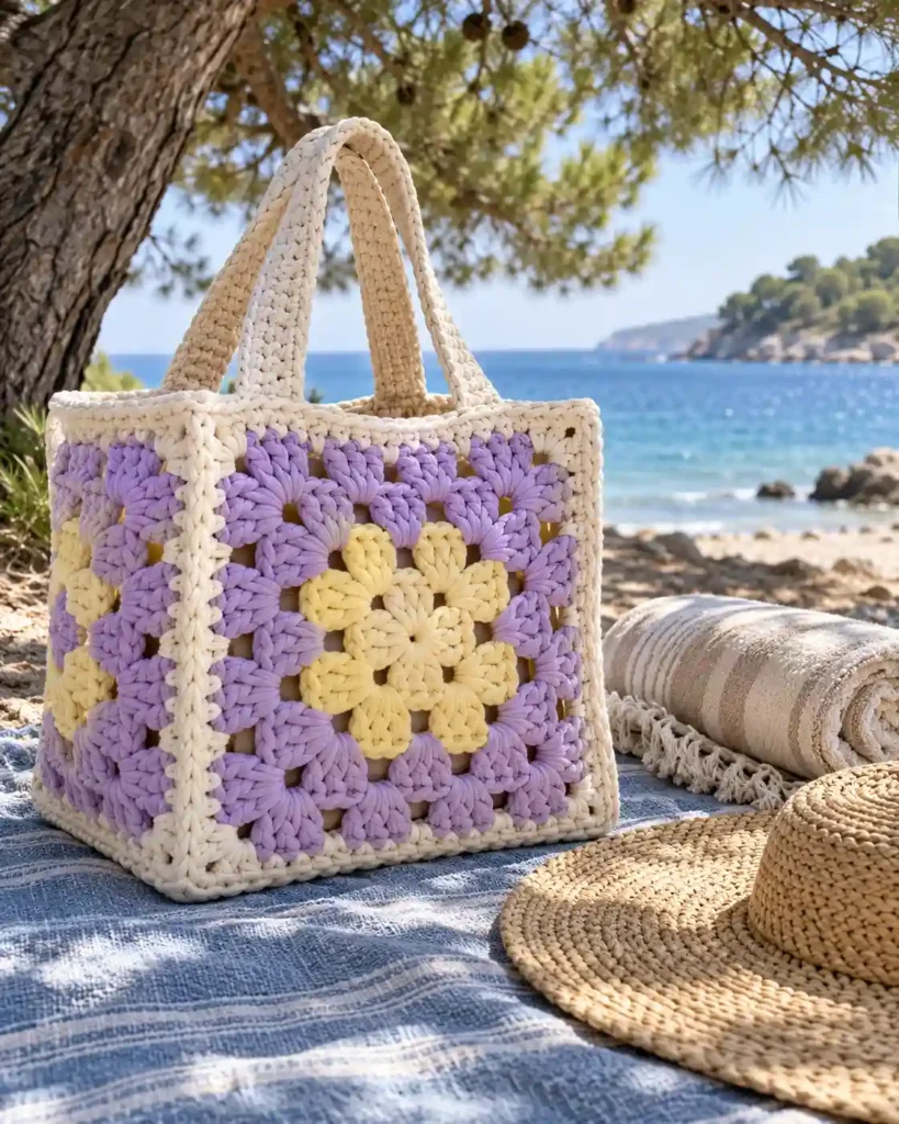 Lavender and yellow oversized granny-square T-shirt yarn crochet tote on a seaside picnic blanket.