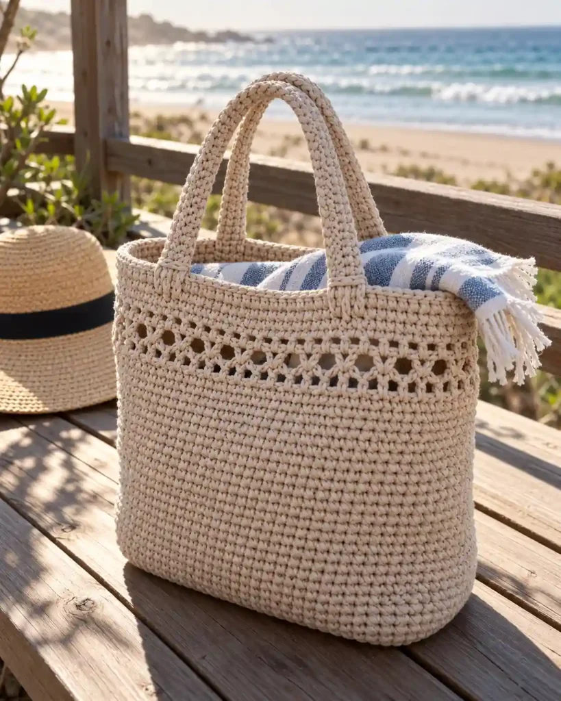 Ecru crochet market bag with dense T-shirt yarn base and open mesh panel holding lemons and herbs.
