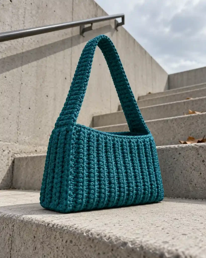 Sand-colored T-shirt yarn crochet beach tote with a narrow openwork band beside a striped towel.