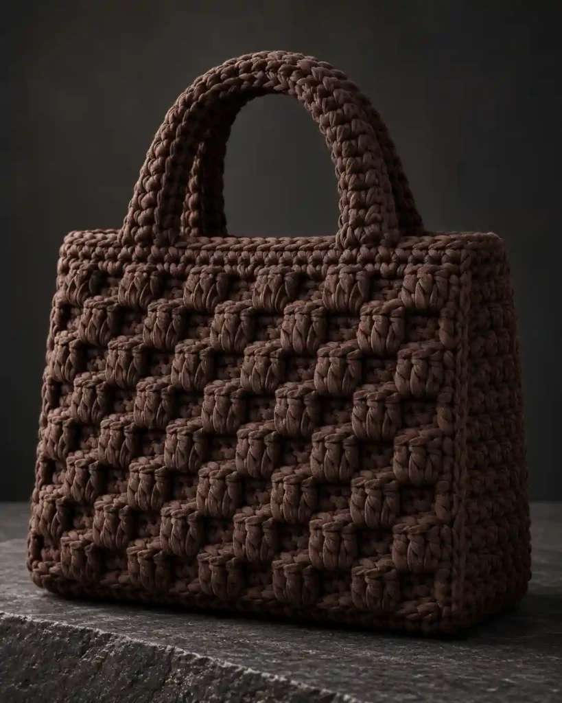 Teal ribbed rectangular T-shirt yarn crochet shoulder bag on a minimalist concrete stair.