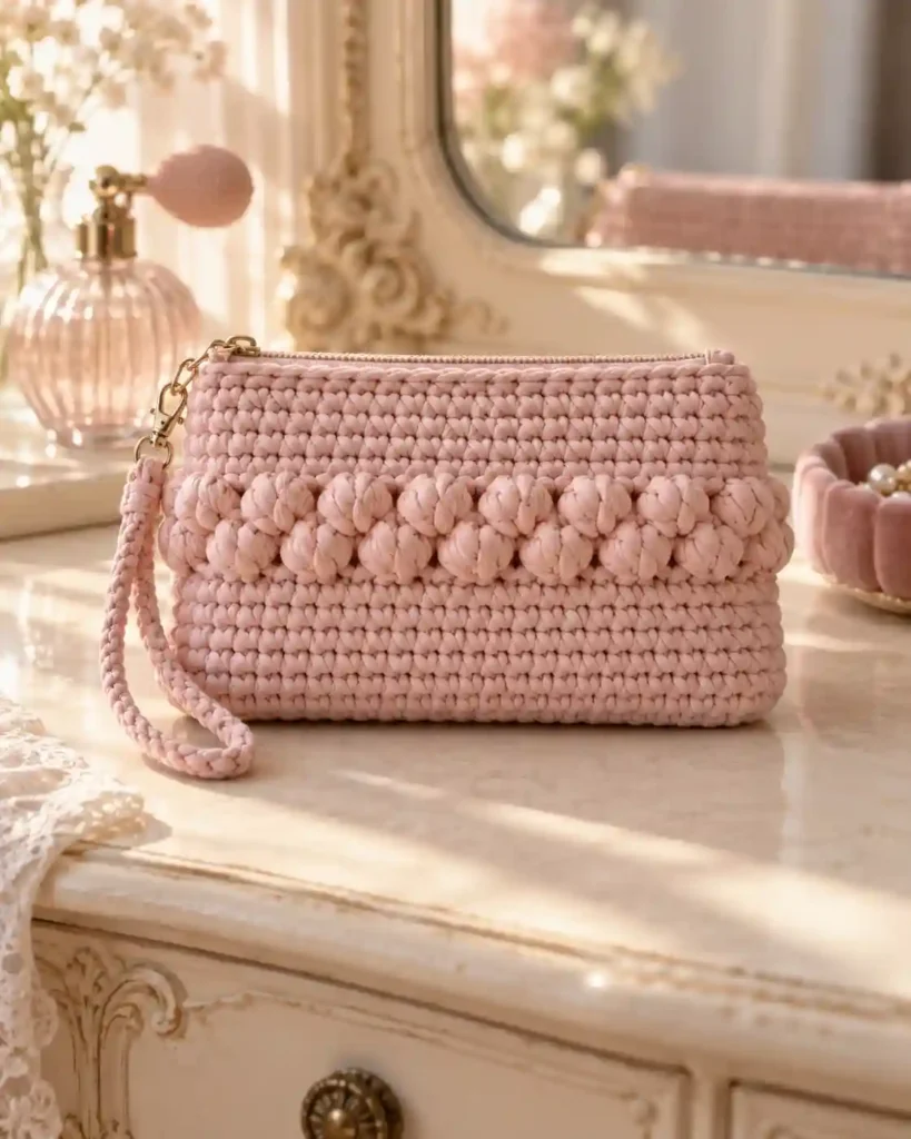 Blush T-shirt yarn crochet purse with a single raised puff-stitch band and delicate wrist strap.