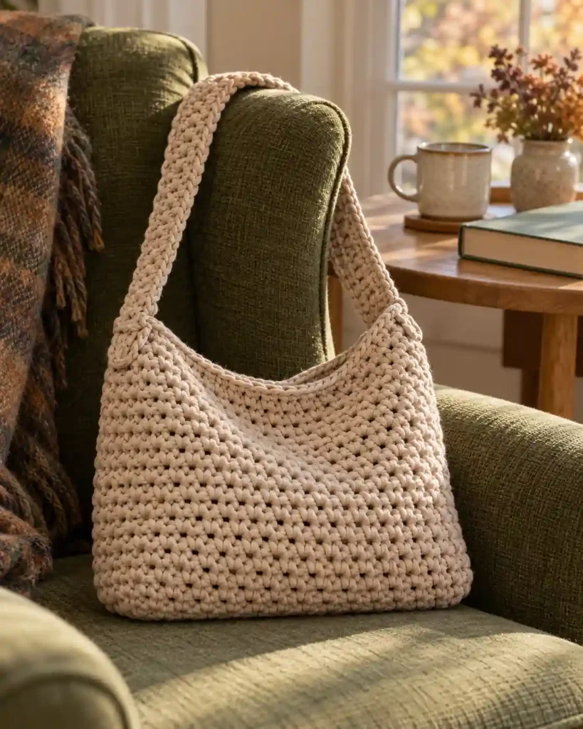 Oatmeal T-shirt yarn crochet everyday bag in moss stitch on a green reading-nook armchair.