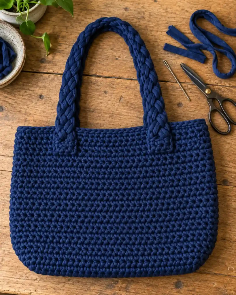 Deep-indigo T-shirt yarn crochet tote with braided handles and visible reinforced stitching on a worktable.