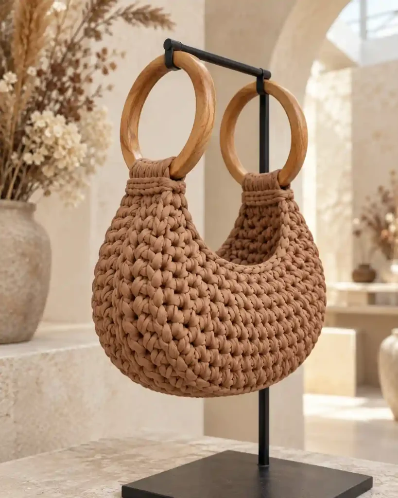 Tan T-shirt yarn crochet handbag with circular wooden handles displayed against a pale boutique wall.