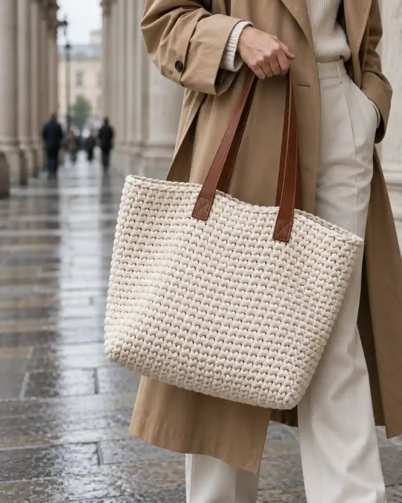 Ivory chunky T-shirt yarn crochet shopper with chestnut faux-leather handles carried with a camel trench coat.