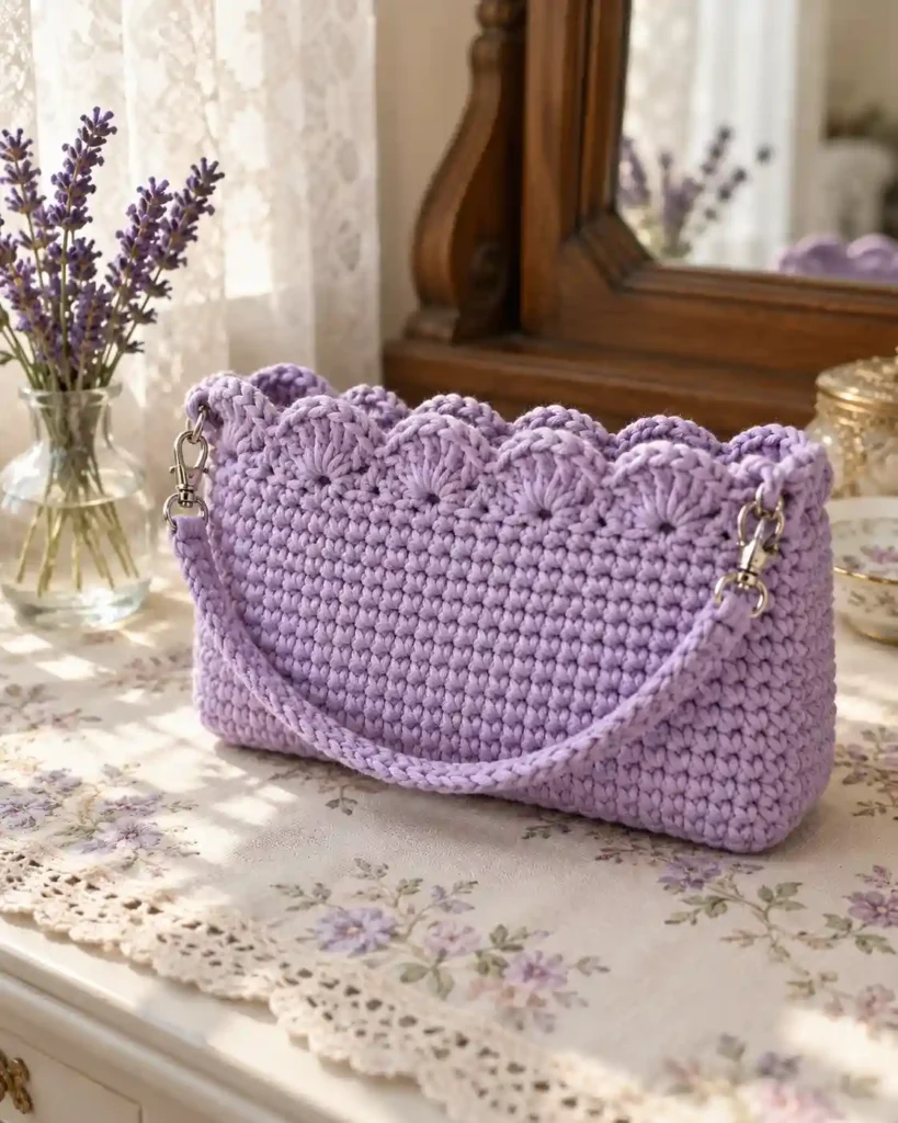Lilac T-shirt yarn crochet mini purse with a scalloped shell-stitch edge beside lavender stems.