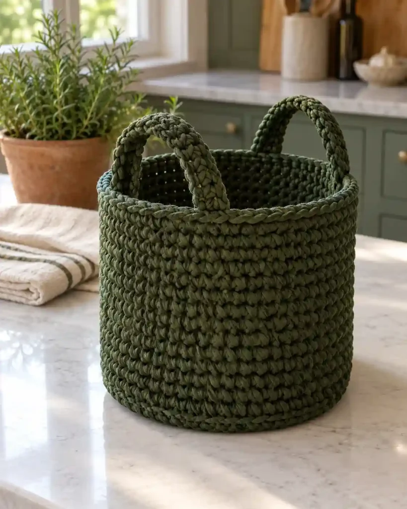 Structured dark-olive cylindrical T-shirt yarn crochet basket bag with a round base and short handles.
