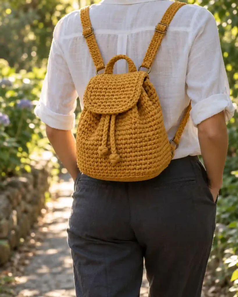 Mustard T-shirt yarn crochet mini backpack with a drawstring closure and two straps on a garden path.