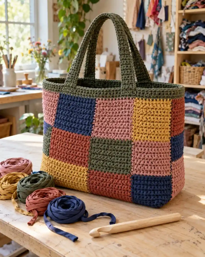 Patchwork T-shirt yarn crochet tote with indigo, rose, olive and terracotta blocks in a sunny craft studio.