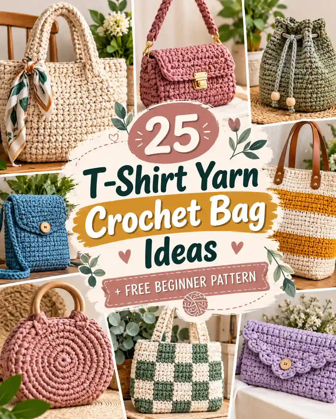 25 T Shirt Yarn Crochet Bag Ideas + Free Beginner Pattern