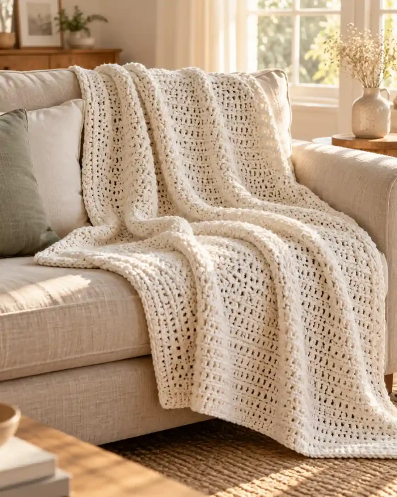 heirloom crochet wedding throw shown in a styled handmade crochet wedding gift photograph.