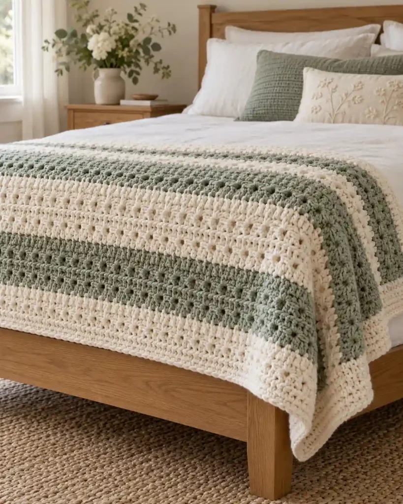 two-tone crochet wedding afghan shown in a styled handmade crochet wedding gift photograph.