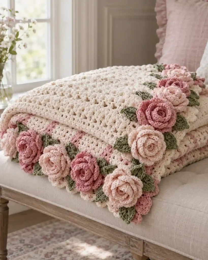 crochet rose bouquet blanket shown in a styled handmade crochet wedding gift photograph.