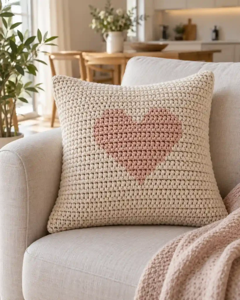 crochet heart motif cushion shown in a styled handmade crochet wedding gift photograph.