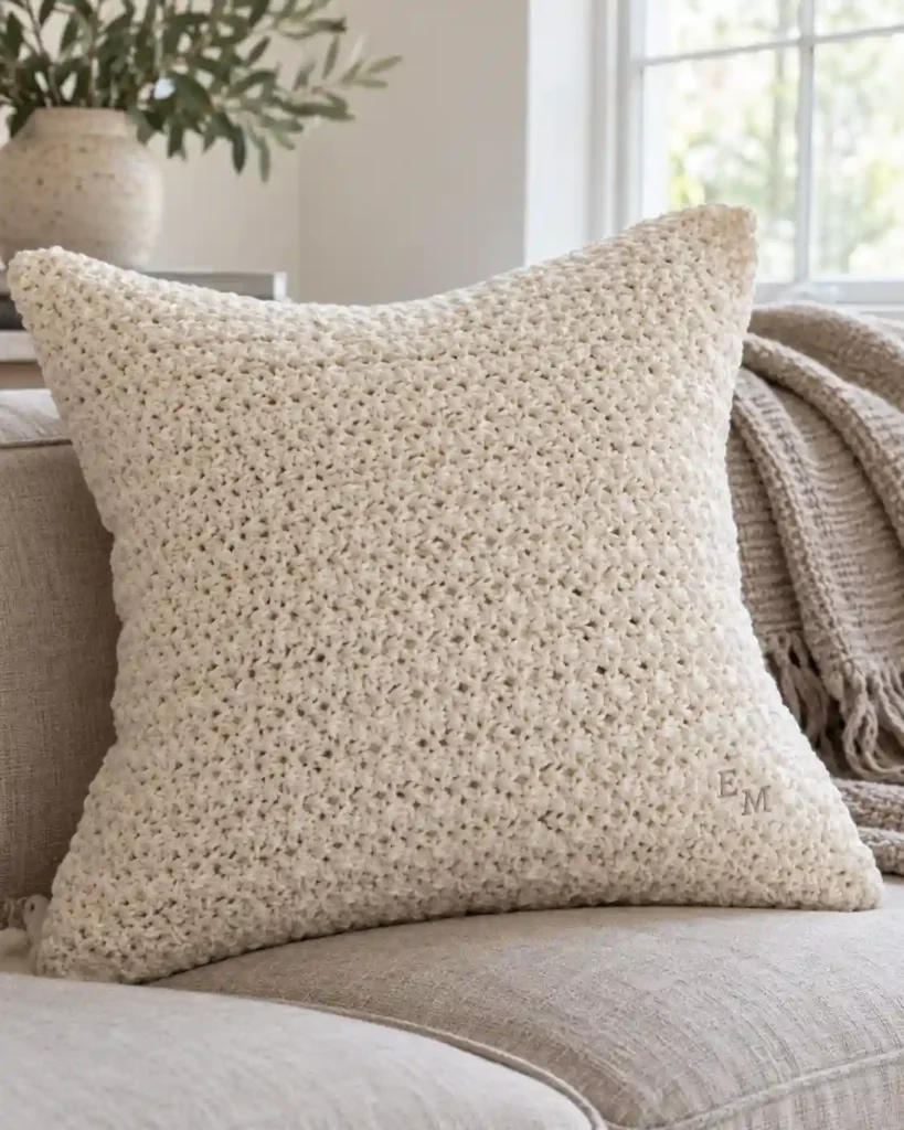 monogrammed crochet pillow cover shown in a styled handmade crochet wedding gift photograph.