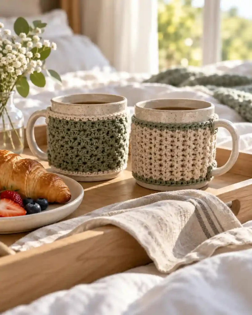 matching crochet mug cozy set shown in a styled handmade crochet wedding gift photograph.