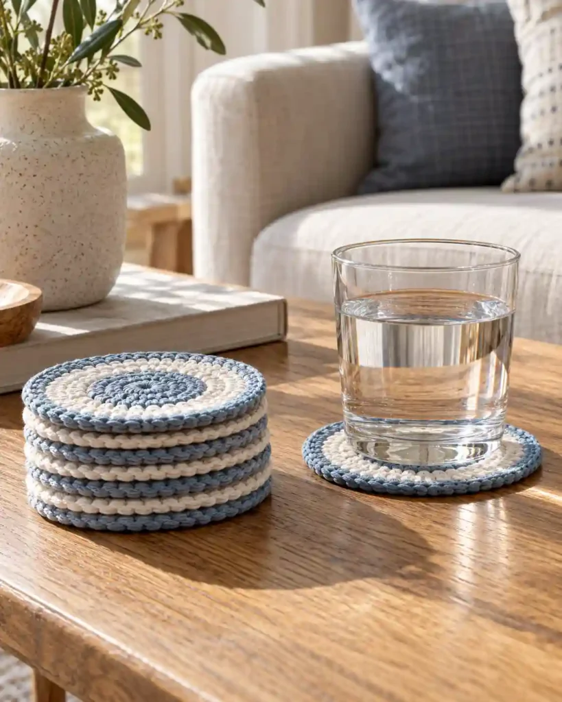 cotton crochet coaster gift set shown in a styled handmade crochet wedding gift photograph.