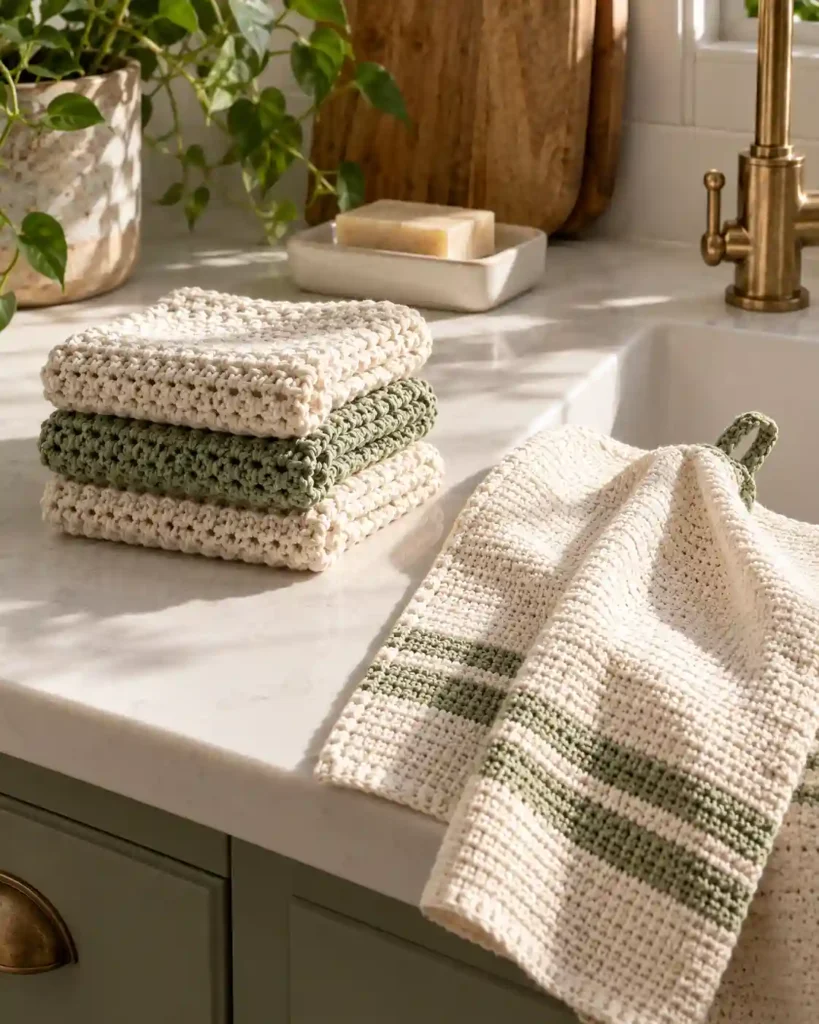crochet dishcloth & tea towel set shown in a styled handmade crochet wedding gift photograph.