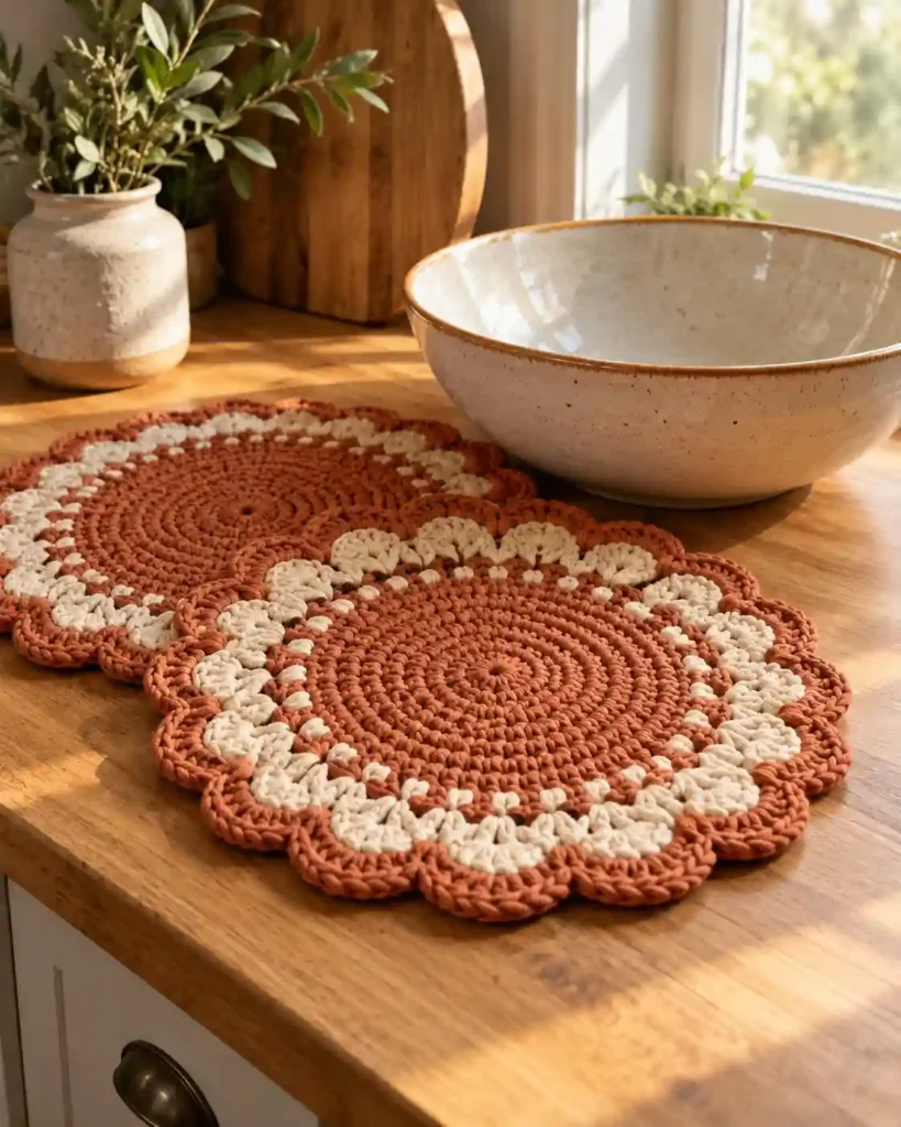 crochet potholders & trivet duo shown in a styled handmade crochet wedding gift photograph.