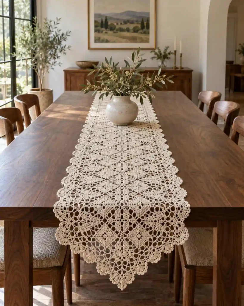 elegant crochet table runner shown in a styled handmade crochet wedding gift photograph.