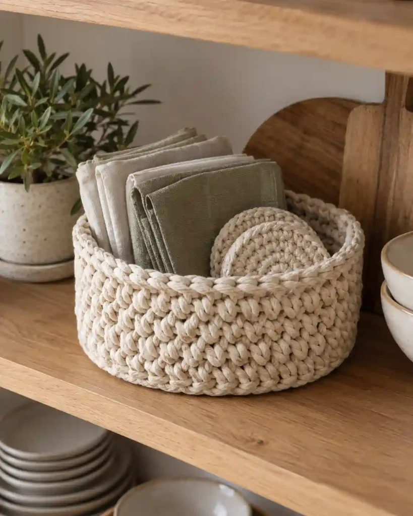 crochet storage basket for the couple shown in a styled handmade crochet wedding gift photograph.