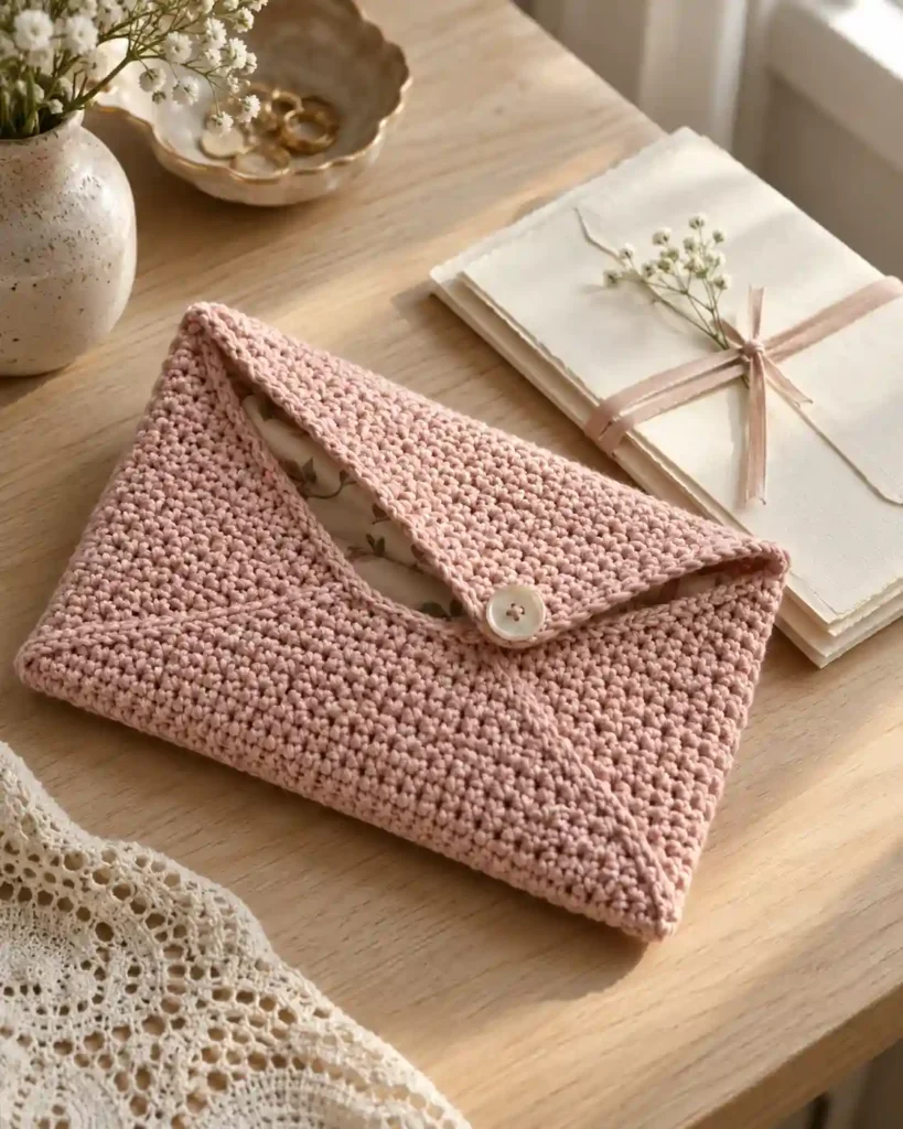 crochet love letter keepsake pouch shown in a styled handmade crochet wedding gift photograph.