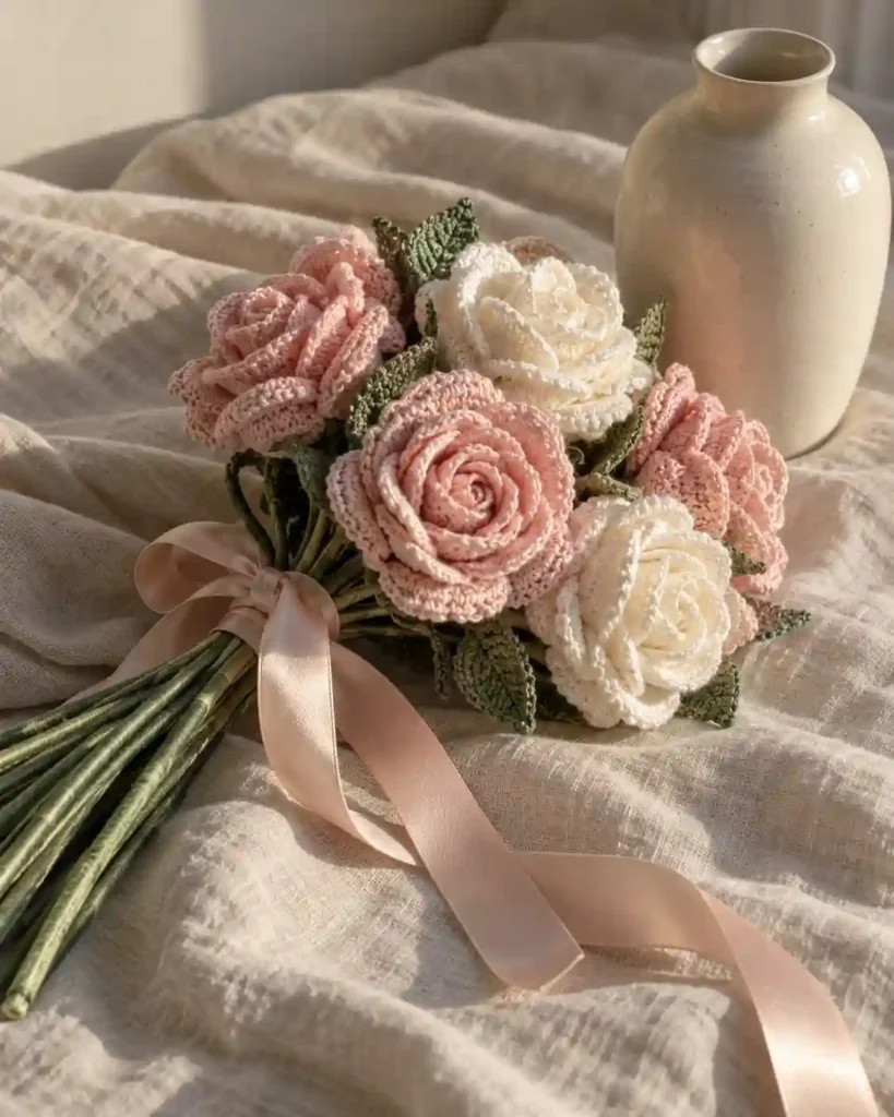 forever crochet rose bouquet shown in a styled handmade crochet wedding gift photograph.