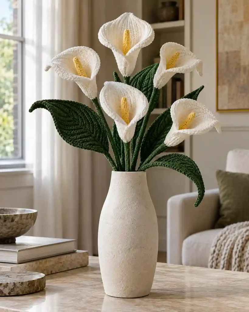 crochet calla lily flower arrangement shown in a styled handmade crochet wedding gift photograph.