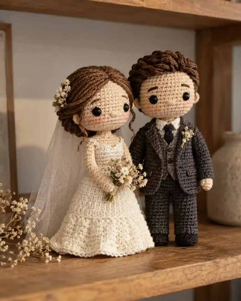 amigurumi bride & groom dolls shown in a styled handmade crochet wedding gift photograph.