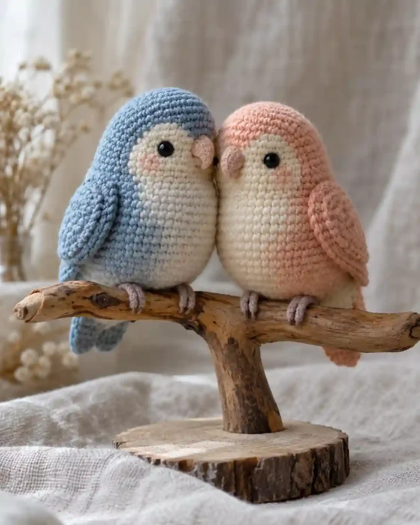 romantic crochet lovebirds shown in a styled handmade crochet wedding gift photograph.