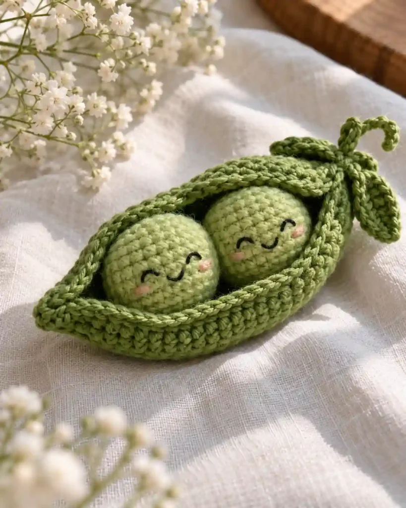 two peas in a pod crochet couple shown in a styled handmade crochet wedding gift photograph.