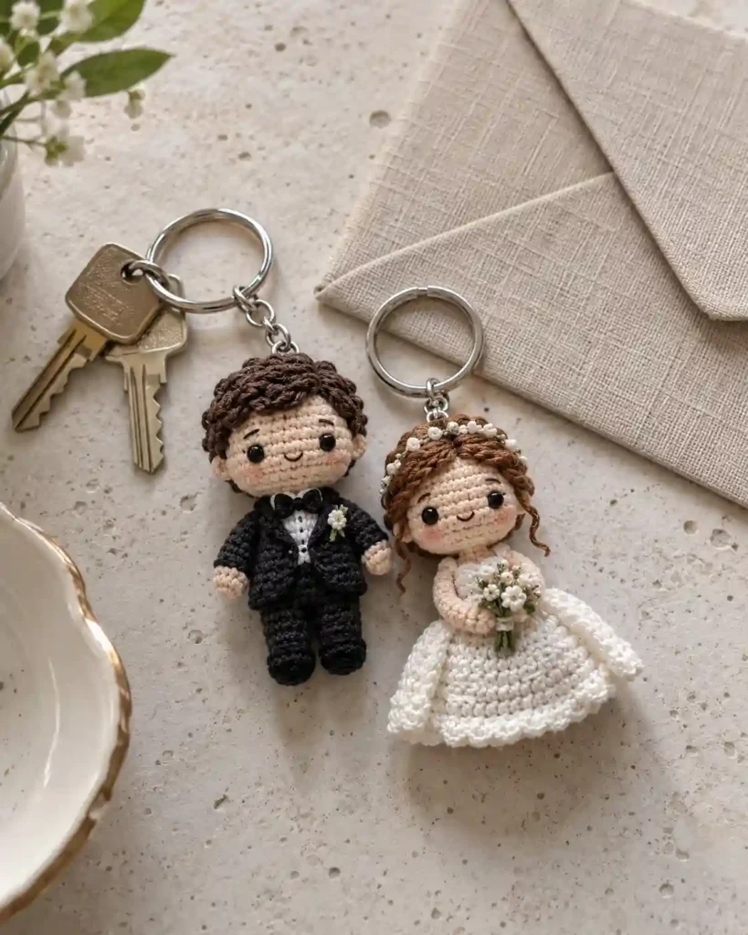 miniature bride & groom keychains shown in a styled handmade crochet wedding gift photograph.