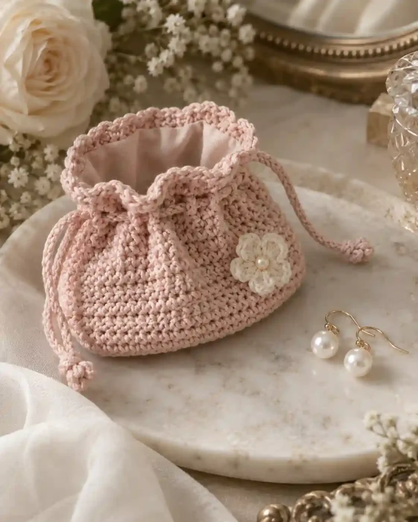 floral crochet jewelry keepsake pouch shown in a styled handmade crochet wedding gift photograph.