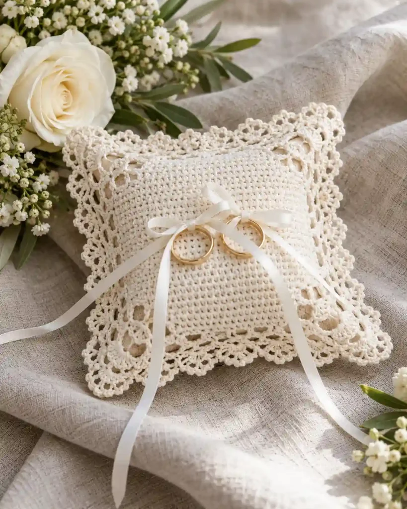 crochet ring bearer pillow shown in a styled handmade crochet wedding gift photograph.