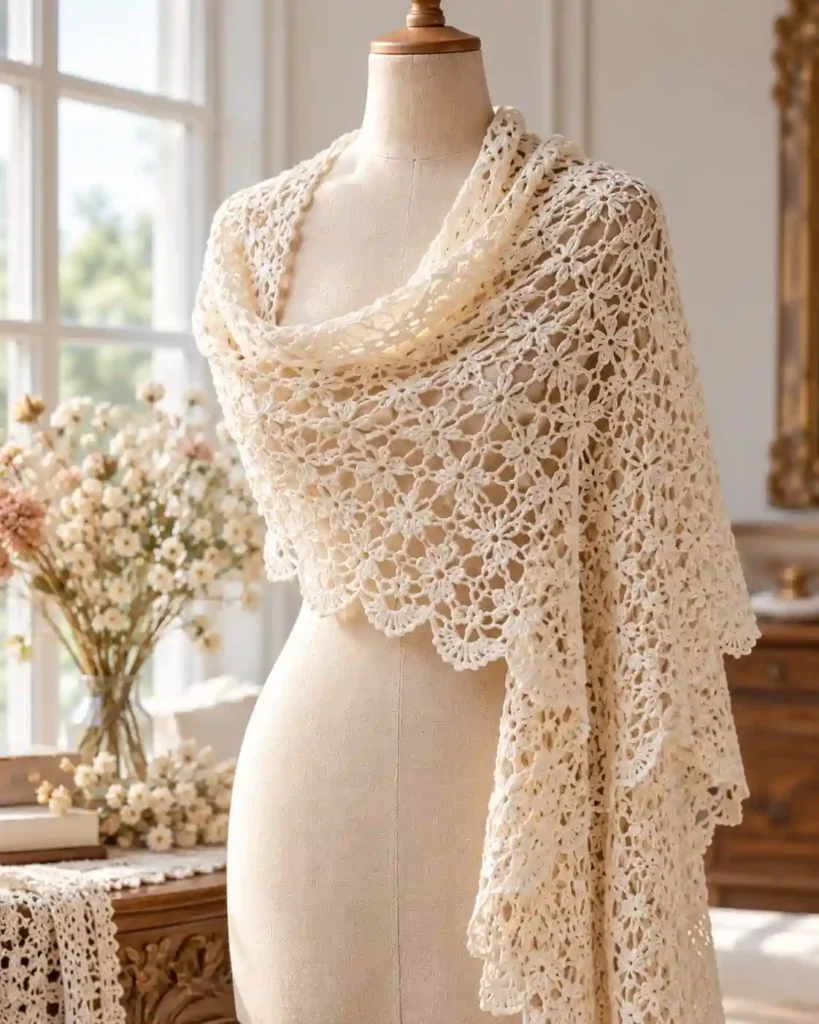 soft crochet bridal shawl shown in a styled handmade crochet wedding gift photograph.