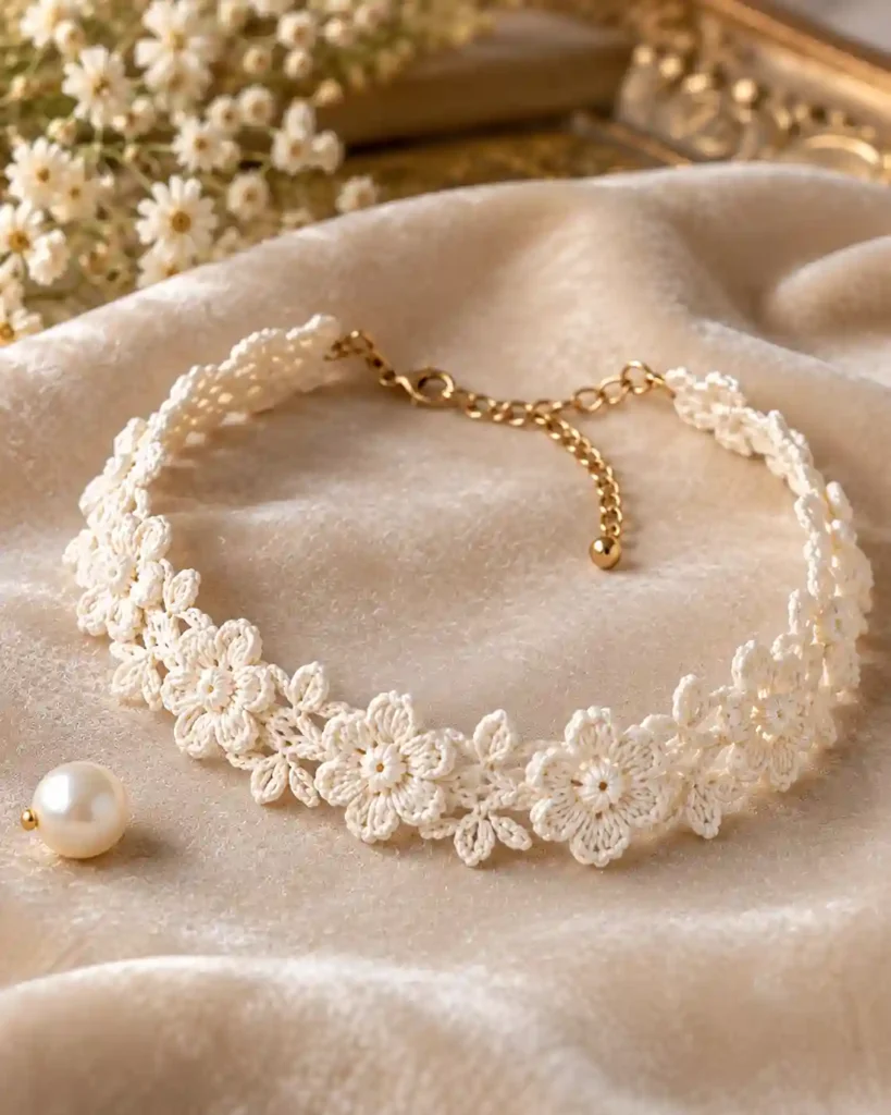 delicate crochet bridal lace choker shown in a styled handmade crochet wedding gift photograph.