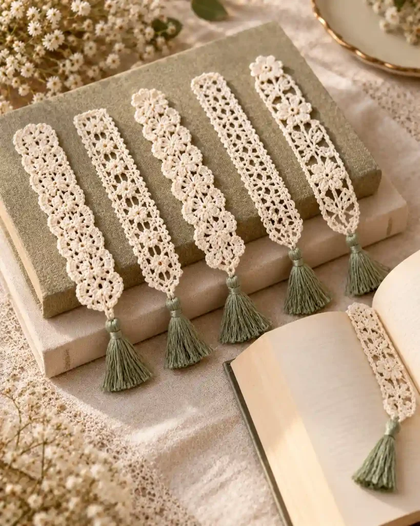 crochet bookmark wedding favors shown in a styled handmade crochet wedding gift photograph.