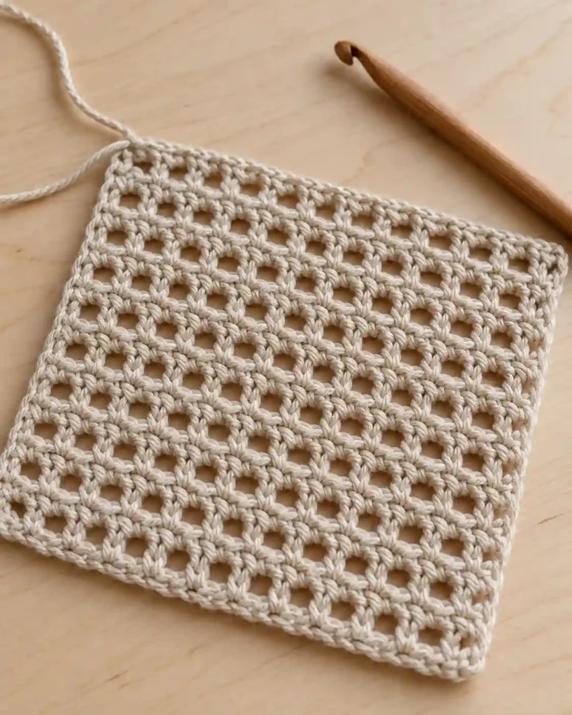 Oatmeal single crochet mesh stitch swatch showing compact even openings and cotton yarn