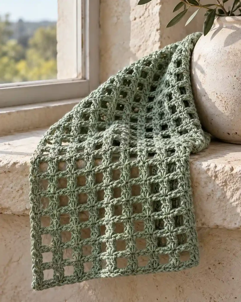 Sage double crochet mesh crochet swatch with aligned openwork spaces